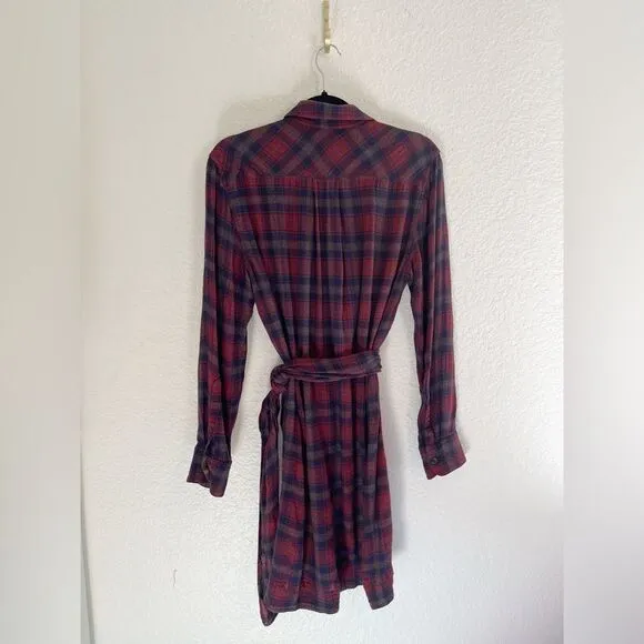 Rag &amp; Bone Felicity Plaid Tie Waist Shirt Dress Burgundy Academia Size M