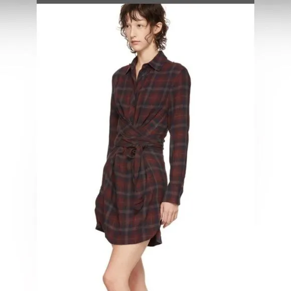 Rag &amp; Bone Felicity Plaid Tie Waist Shirt Dress Burgundy Academia Size M