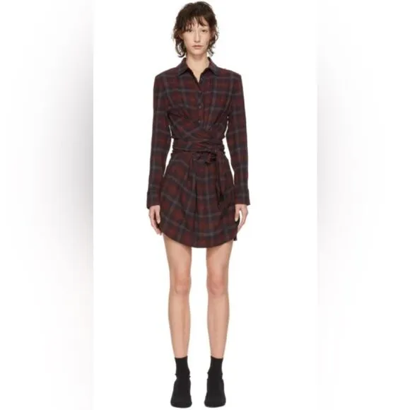 Rag &amp; Bone Felicity Plaid Tie Waist Shirt Dress Burgundy Academia Size M