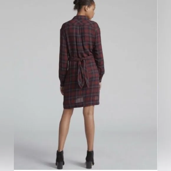 Rag &amp; Bone Felicity Plaid Tie Waist Shirt Dress Burgundy Academia Size M