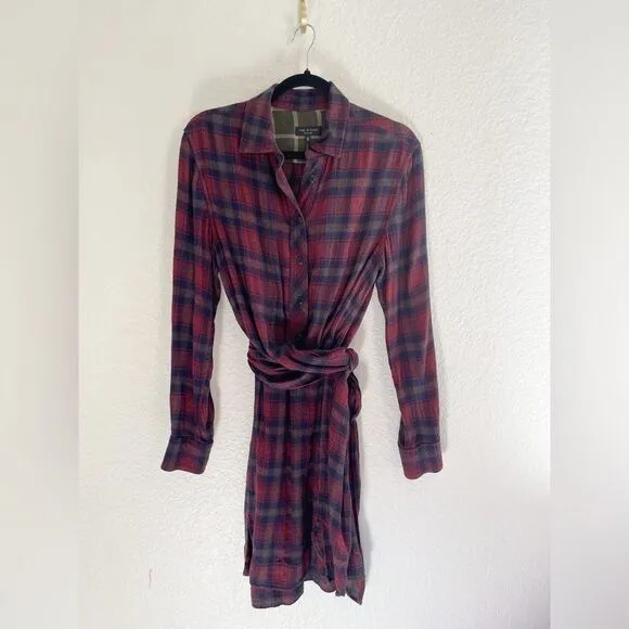 Rag &amp; Bone Felicity Plaid Tie Waist Shirt Dress Burgundy Academia Size M