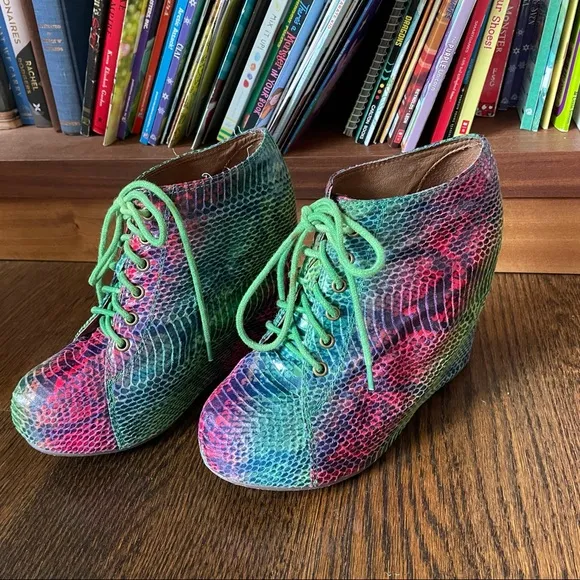 Rainbow snakeskin animal print platform wedges Jeffrey Campbell
