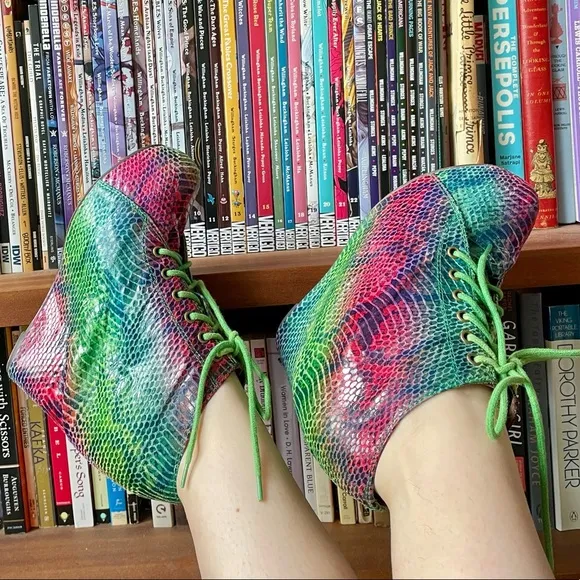Rainbow snakeskin animal print platform wedges Jeffrey Campbell