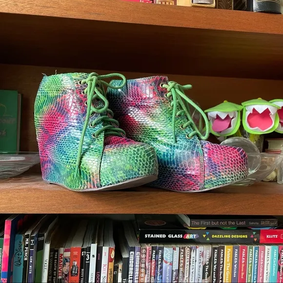 Rainbow snakeskin animal print platform wedges Jeffrey Campbell