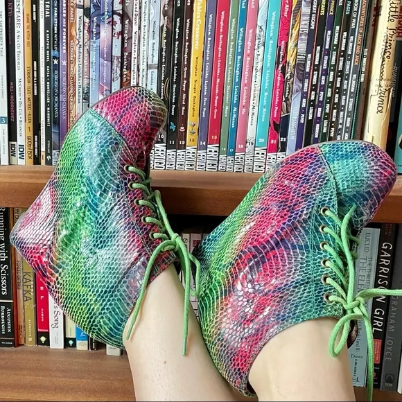 Rainbow snakeskin animal print platform wedges Jeffrey Campbell