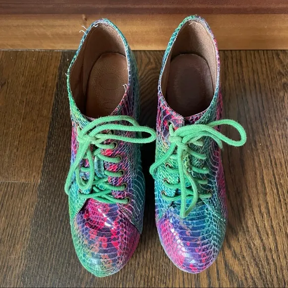 Rainbow snakeskin animal print platform wedges Jeffrey Campbell