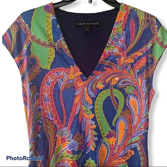 Ralph Lauren Black Label Silk Jersey Multicolor Paisley Print Sheath Dress Sz 4
