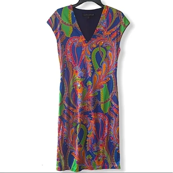 Ralph Lauren Black Label Silk Jersey Multicolor Paisley Print Sheath Dress Sz 4