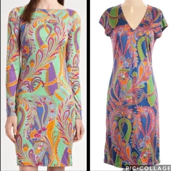 Ralph Lauren Black Label Silk Jersey Multicolor Paisley Print Sheath Dress Sz 4