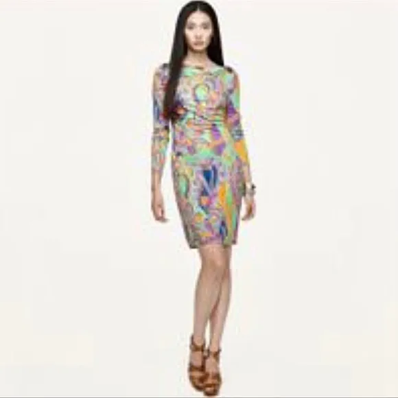 Ralph Lauren Black Label Silk Jersey Multicolor Paisley Print Sheath Dress Sz 4