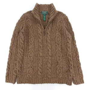RALPH LAUREN Hand Knit Wool Cable Knit 1/4 Zip Fisherman Sweater Old Money Brown