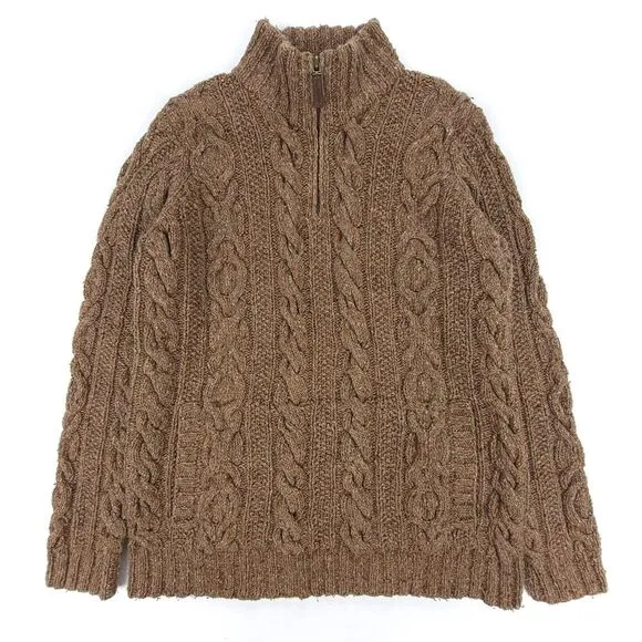 RALPH LAUREN Hand Knit Wool Cable Knit 1/4 Zip Fisherman Sweater Old Money Brown