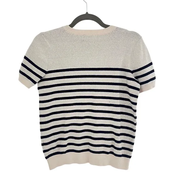 Ralph Lauren Logo Striped Short Sweater Cream Navy Quite Luxury Knit Top M