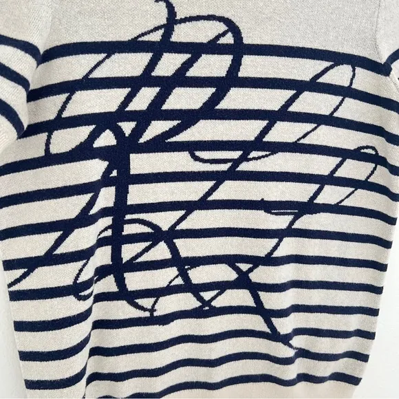 Ralph Lauren Logo Striped Short Sweater Cream Navy Quite Luxury Knit Top M