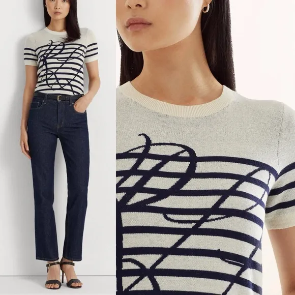 Ralph Lauren Logo Striped Short Sweater Cream Navy Quite Luxury Knit Top M