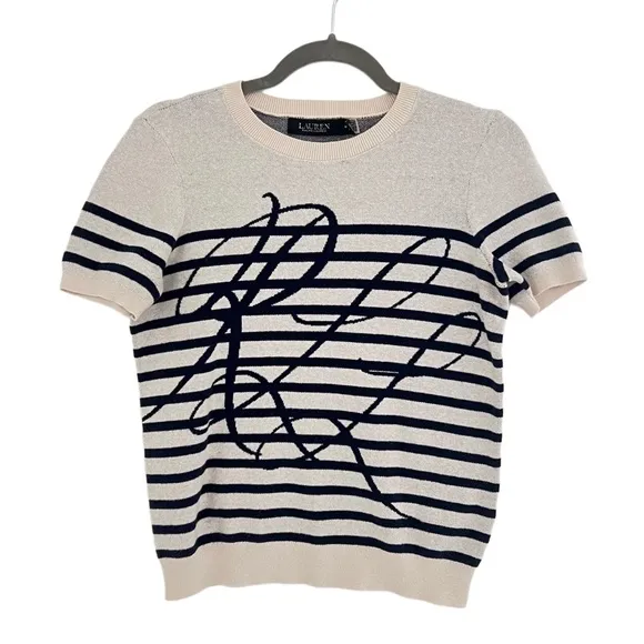 Ralph Lauren Logo Striped Short Sweater Cream Navy Quite Luxury Knit Top M