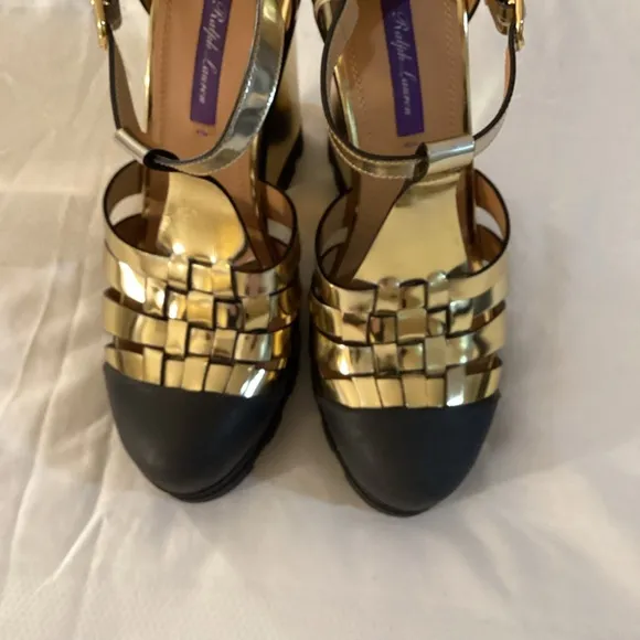 Ralph LaurenLeather Colorblock Pattern T-Strap Wedges