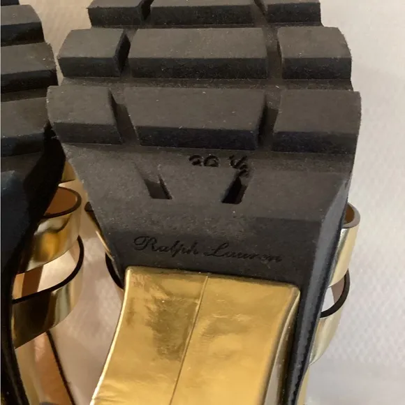 Ralph LaurenLeather Colorblock Pattern T-Strap Wedges
