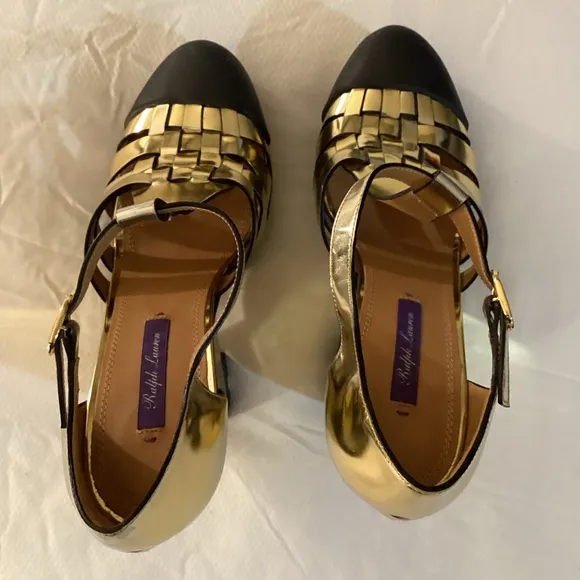 Ralph LaurenLeather Colorblock Pattern T-Strap Wedges
