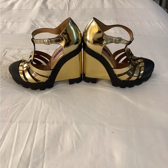 Ralph LaurenLeather Colorblock Pattern T-Strap Wedges