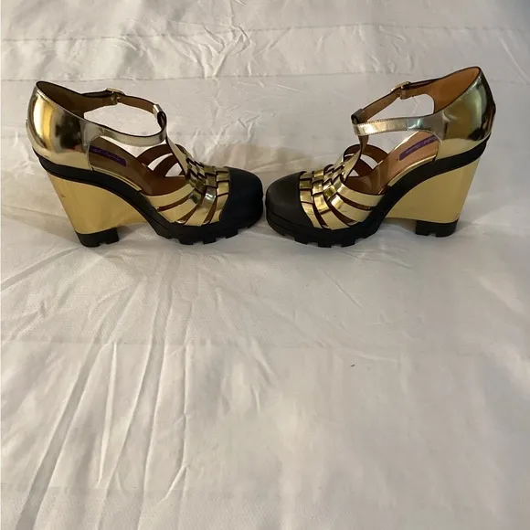 Ralph LaurenLeather Colorblock Pattern T-Strap Wedges