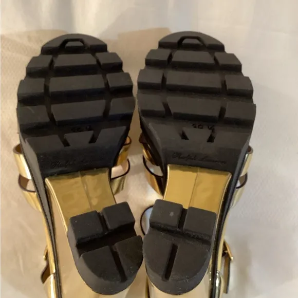 Ralph LaurenLeather Colorblock Pattern T-Strap Wedges