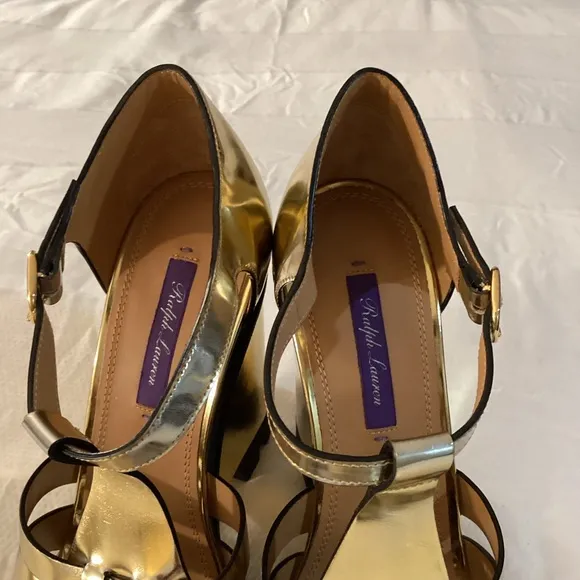Ralph LaurenLeather Colorblock Pattern T-Strap Wedges
