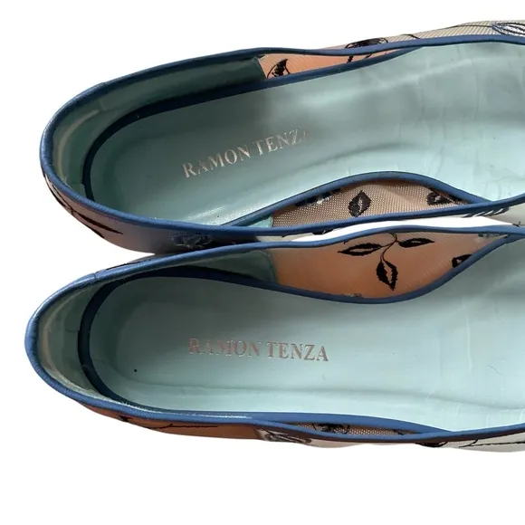 Ramon Tenza Blue Embroidered mesh ballet flats