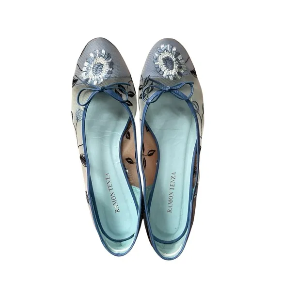 Ramon Tenza Blue Embroidered mesh ballet flats