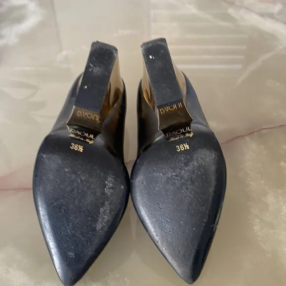 RAOUL Gun Metal Pointed Toe Wedges Block  Heel Pumps Black Size 36.5, USA 6.5