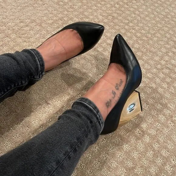 RAOUL Gun Metal Pointed Toe Wedges Block  Heel Pumps Black Size 36.5, USA 6.5