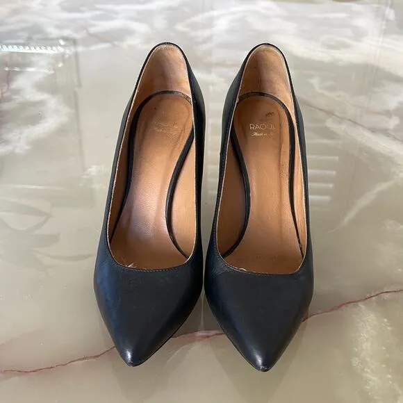 RAOUL Gun Metal Pointed Toe Wedges Block  Heel Pumps Black Size 36.5, USA 6.5