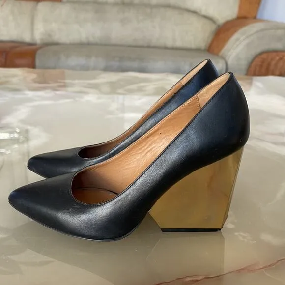 RAOUL Gun Metal Pointed Toe Wedges Block  Heel Pumps Black Size 36.5, USA 6.5