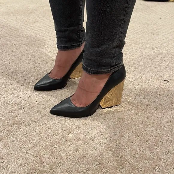 RAOUL Gun Metal Pointed Toe Wedges Block  Heel Pumps Black Size 36.5, USA 6.5
