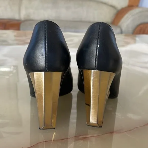 RAOUL Gun Metal Pointed Toe Wedges Block  Heel Pumps Black Size 36.5, USA 6.5