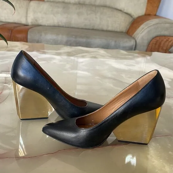 RAOUL Gun Metal Pointed Toe Wedges Block  Heel Pumps Black Size 36.5, USA 6.5