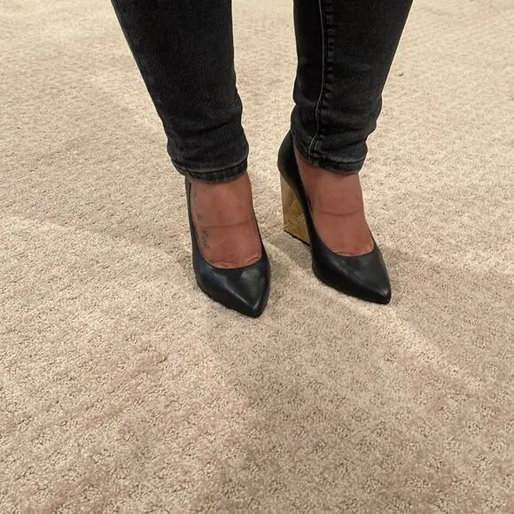RAOUL Gun Metal Pointed Toe Wedges Block  Heel Pumps Black Size 36.5, USA 6.5