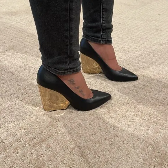 RAOUL Gun Metal Pointed Toe Wedges Block  Heel Pumps Black Size 36.5, USA 6.5