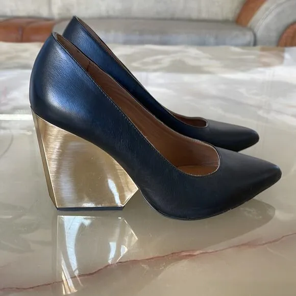 RAOUL Gun Metal Pointed Toe Wedges Block  Heel Pumps Black Size 36.5, USA 6.5