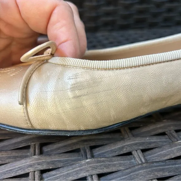 RARE CHANEL Cap Toe Ballerina Flats Shoes Size 37.5 Champagne Beige READ