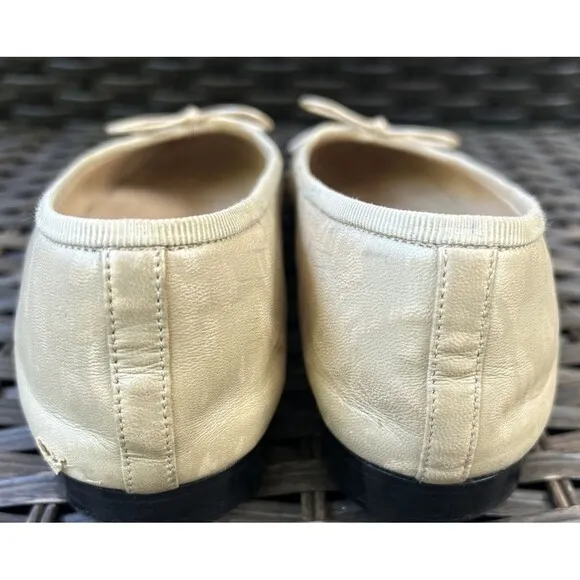 RARE CHANEL Cap Toe Ballerina Flats Shoes Size 37.5 Champagne Beige READ