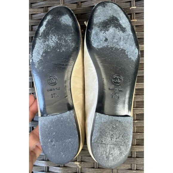 RARE CHANEL Cap Toe Ballerina Flats Shoes Size 37.5 Champagne Beige READ