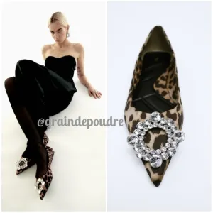 Rare! Zara Leopard Satin Rhinestone Jewel Front Pointy Ballet Flats 37 6.5