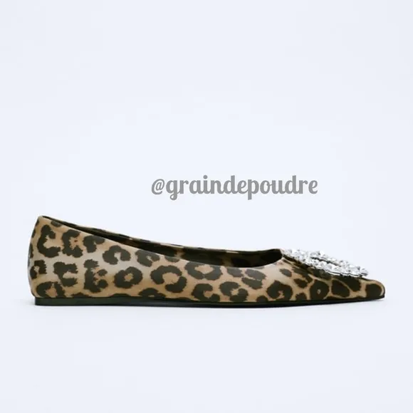 Rare! Zara Leopard Satin Rhinestone Jewel Front Pointy Ballet Flats 37 6.5