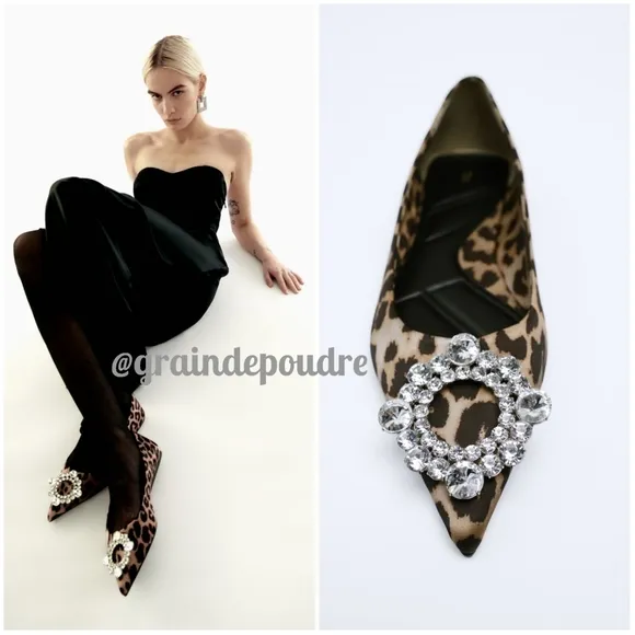 Rare! Zara Leopard Satin Rhinestone Jewel Front Pointy Ballet Flats 37 6.5