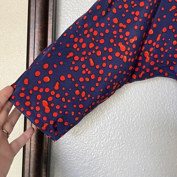 Rebecca Minkoff Sunny Dress Blue with Red Polka Dots Cutout Back 100% Silk