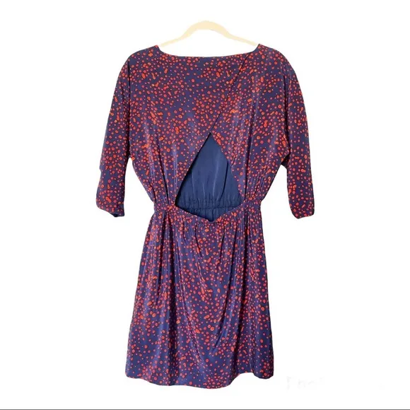 Rebecca Minkoff Sunny Dress Blue with Red Polka Dots Cutout Back 100% Silk