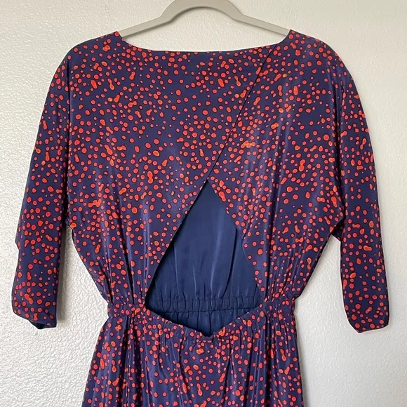 Rebecca Minkoff Sunny Dress Blue with Red Polka Dots Cutout Back 100% Silk