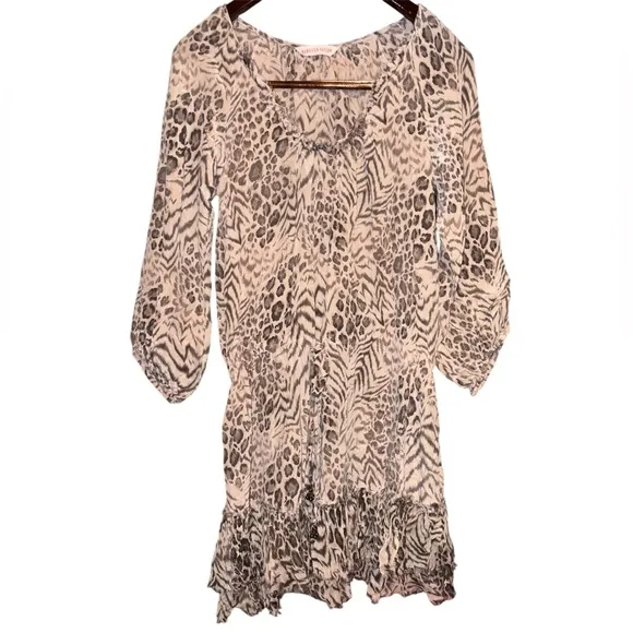 Rebecca Taylor Meow Tunic Dress Tan Beige Leopard Animal Print 100% Silk Dress