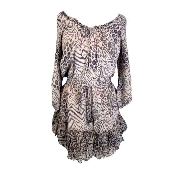 Rebecca Taylor Meow Tunic Dress Tan Beige Leopard Animal Print 100% Silk Dress